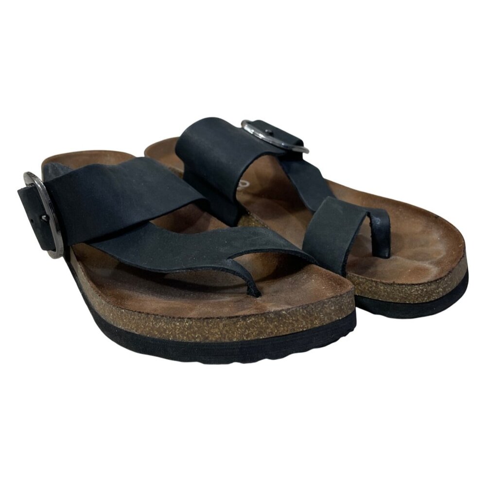 Mountain Sole Leather Sandal Black Toe Loop Silver Buckle Size 8 (READ)